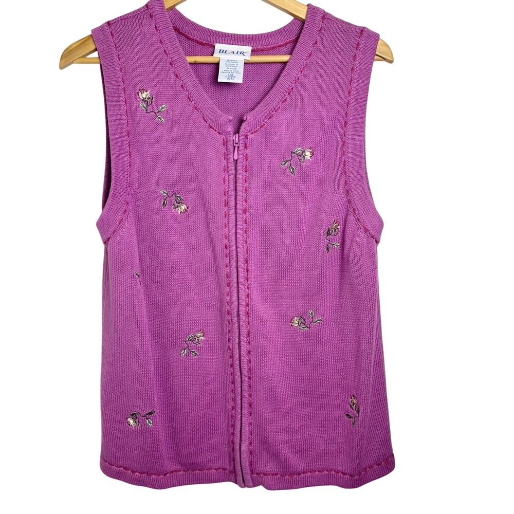 VTG Magenta Floral Embroidered Zip Up Sweaterโ Vest Large Cottagecore Twee Fairy